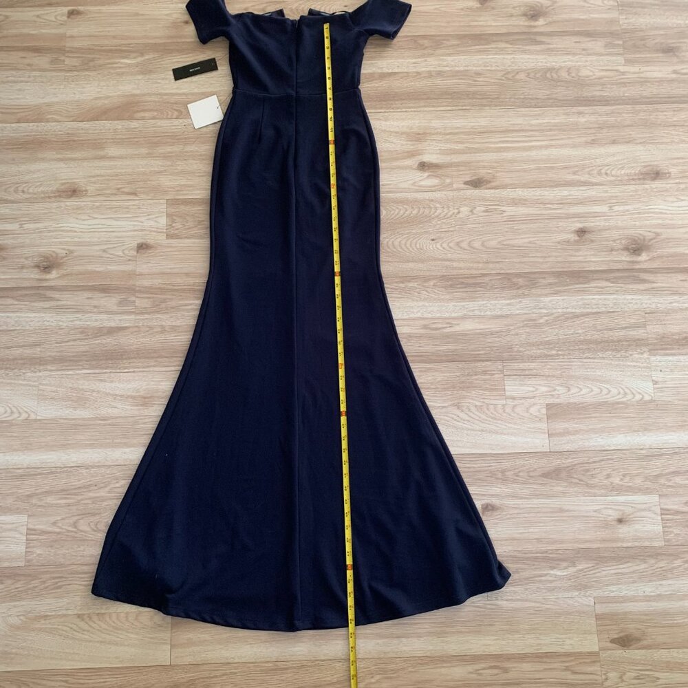 Dark Navy Blue Formal Off the Shoulder V Cut Long Maxi Dress - Picture 11 of 16